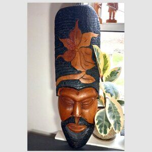 Vintage 27” Teak Carved Mask • Large Wood Wall Art • Boho Global Decor